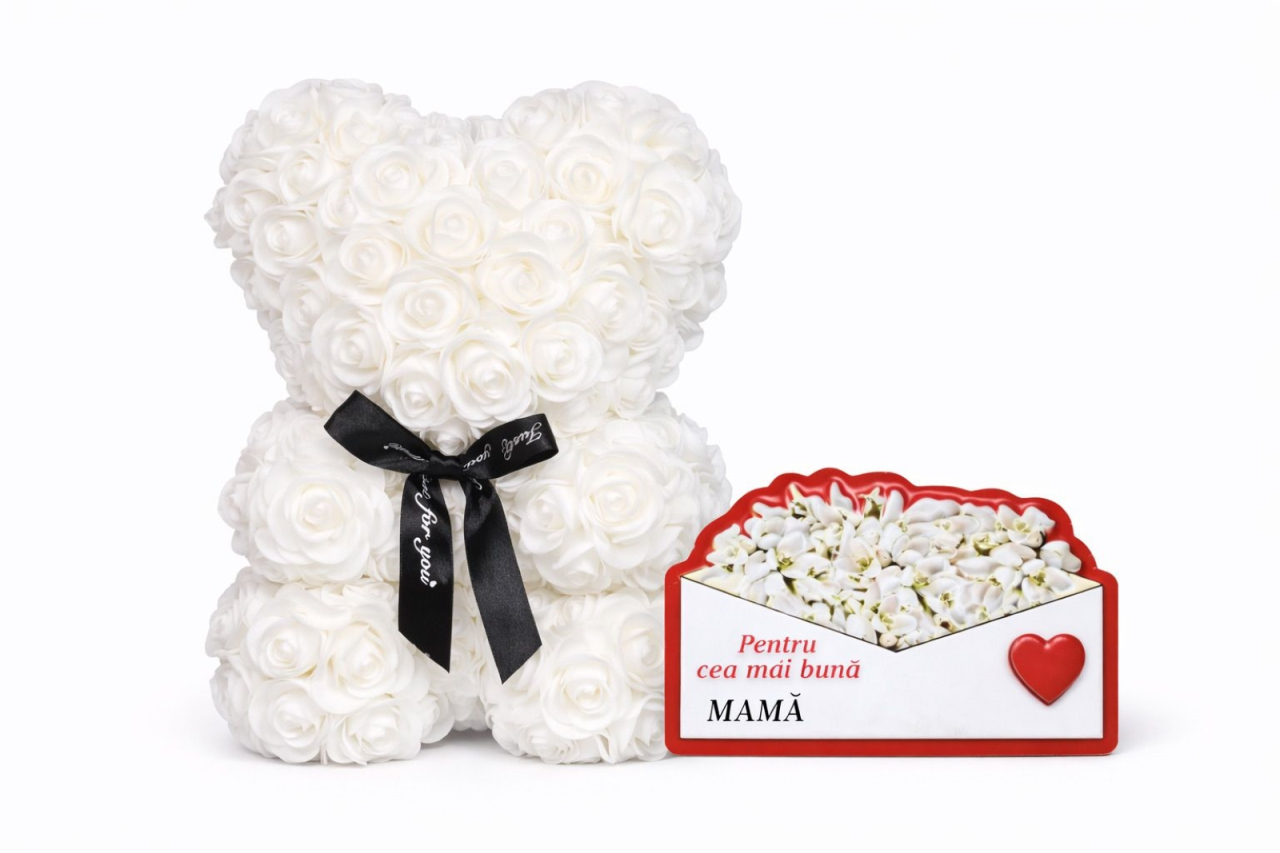 Cadou 8 martie Urs din Trandafiri 25cm Flori de Spuma si magnet - alb [2]