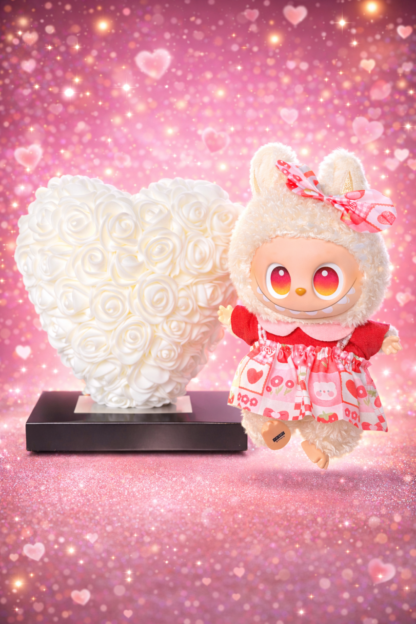 Cadou Labubu si Inima din Trandafiri 15x15cm cu Flori de Spuma, in Cutie Transparenta 15cm - alb [3]