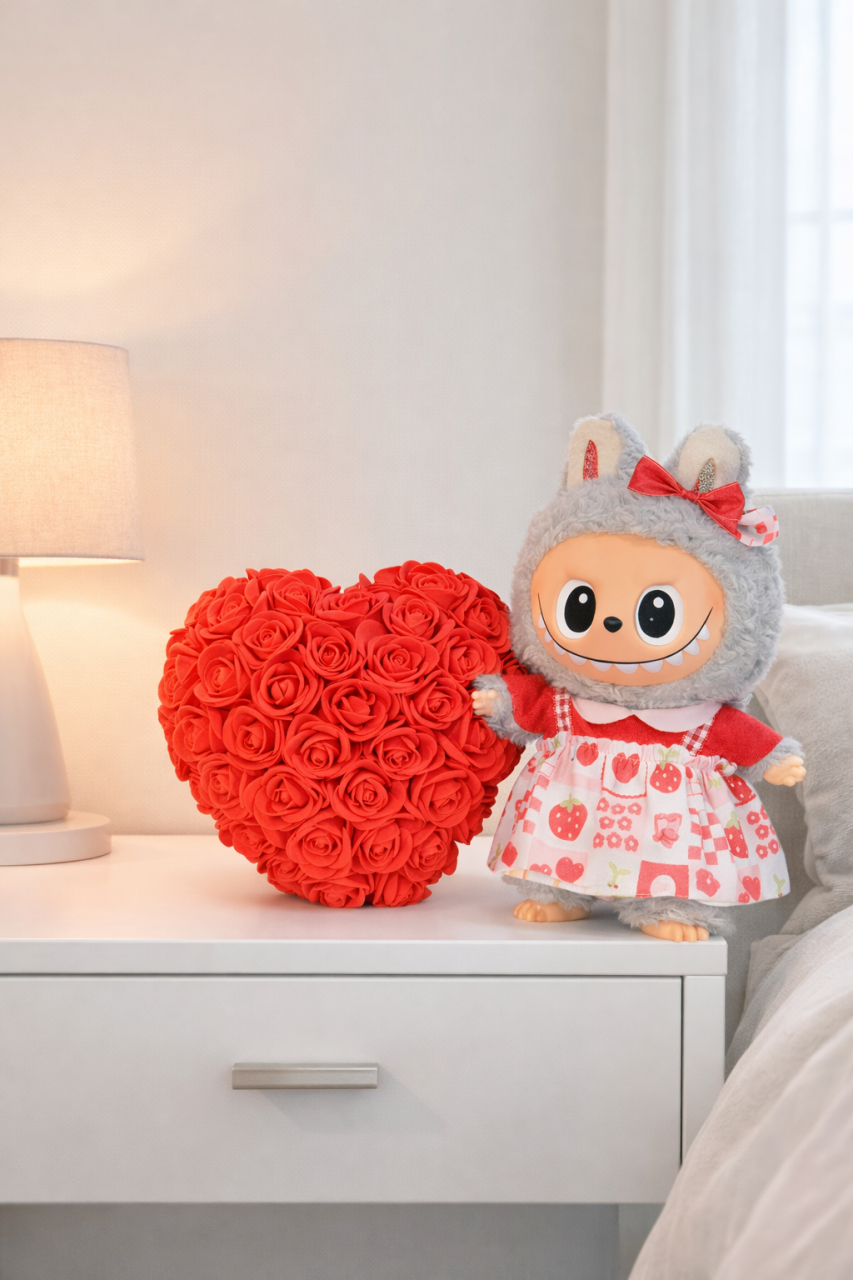 Cadou Labubu si Inima din Trandafiri 15x15cm cu Flori de Spuma, in Cutie Transparenta 15cm - rosie [2]