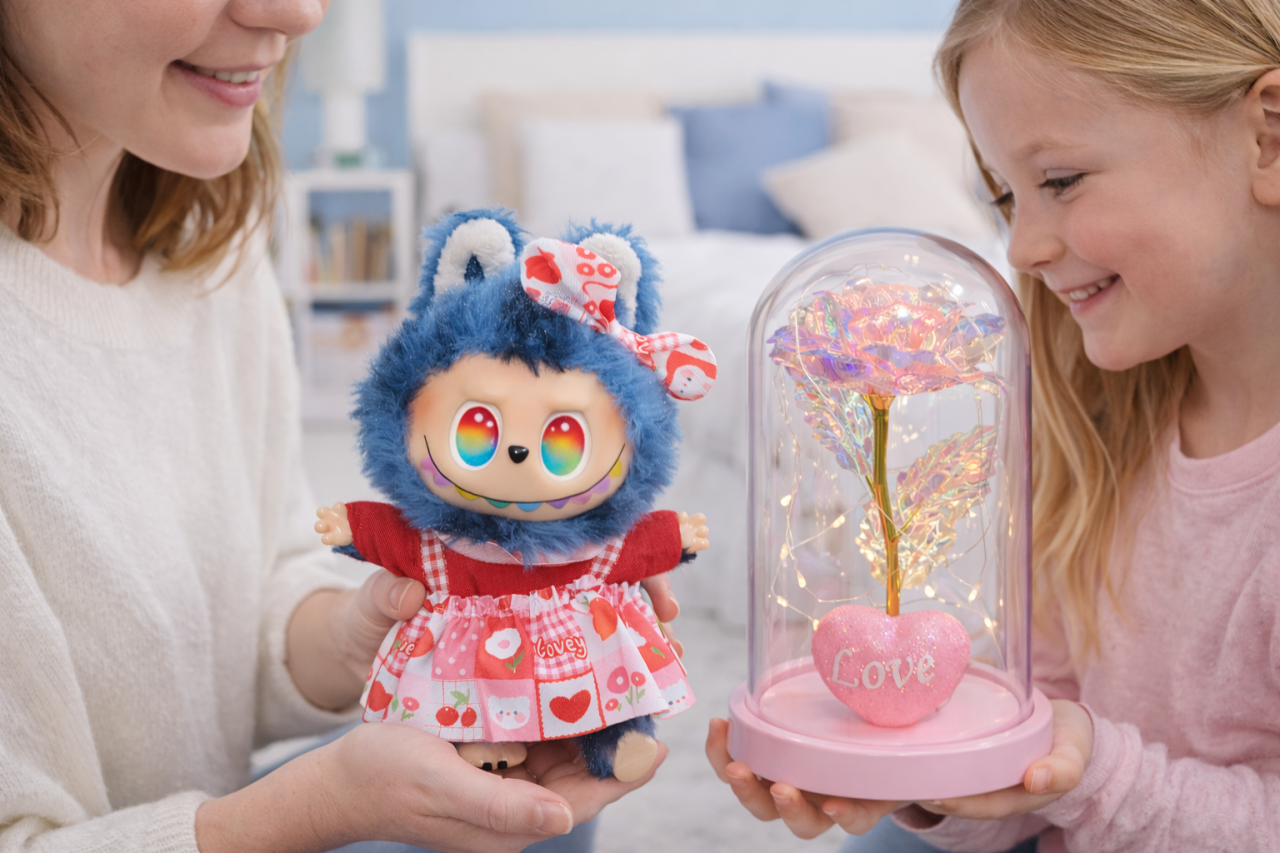 Cadou Valentines Jucarie de plus breloc - tip Labubu - 15 cm si aranjament floral 21 cm [2]