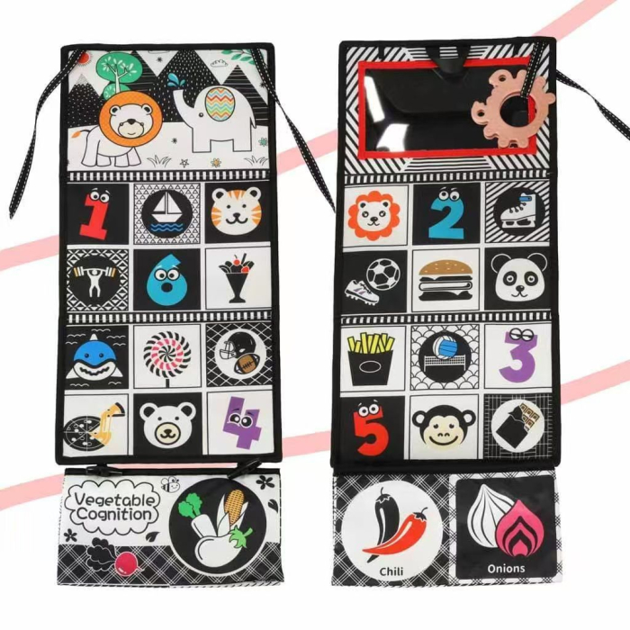 Carte senzorială textilă 2-în-1 pentru bebeluși 0 luni+, pliabilă tip piramidă, cu oglindă și inel de dentiție [4]