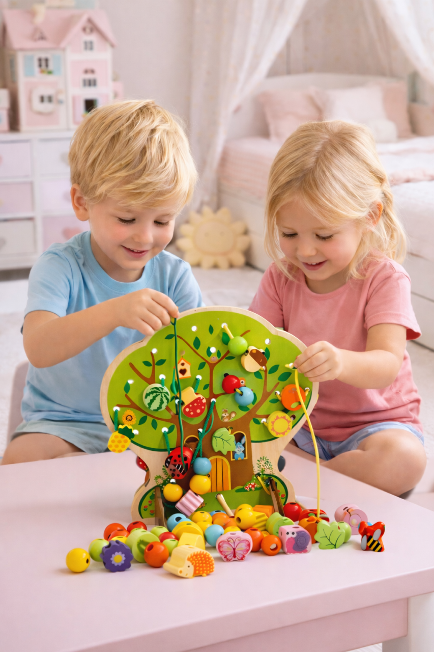Copac cu fructe din lemn pentru șnuruit, joc educativ cu șiret, 102 piese colorate [1]