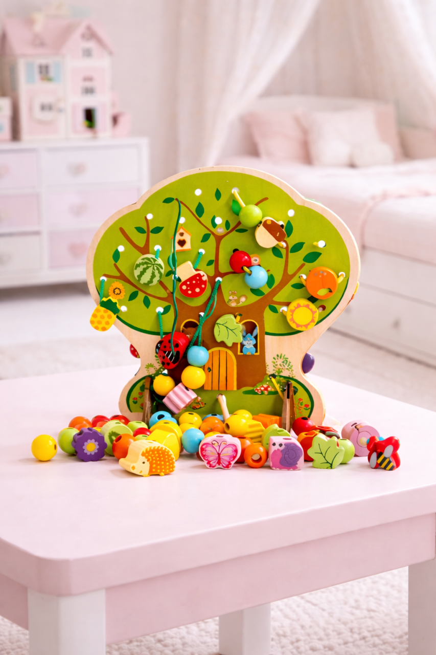 Copac cu fructe din lemn pentru șnuruit, joc educativ cu șiret, 102 piese colorate [2]