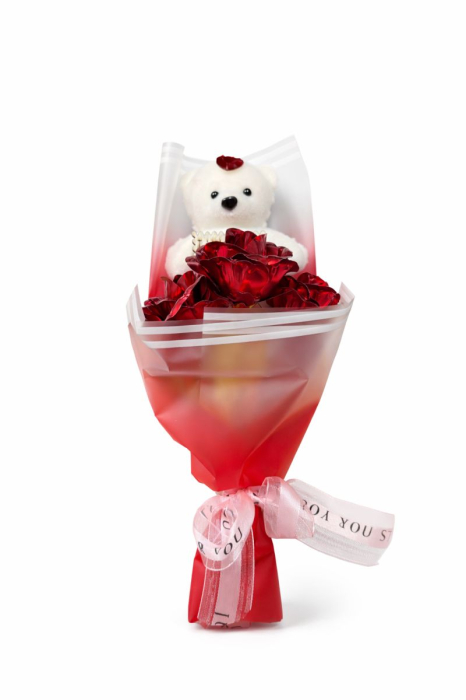 Cutie cadou cu trandafiri din sapun si urs de plus, tip buchet, 24K Golden Rose, 26 x 9 x 6 cm [2]