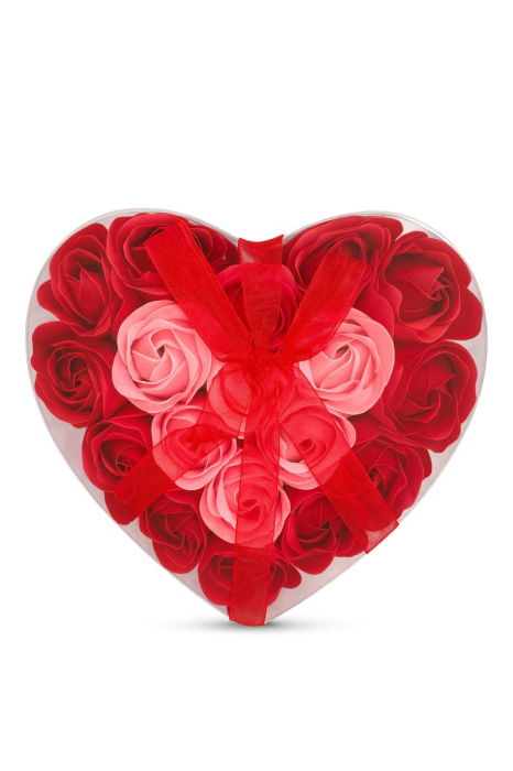 Cutie Inima cu 18 Trandafiri din Sapun Rosu-Roz, Aranjament Luxury Cadou 15x15 cm [2]