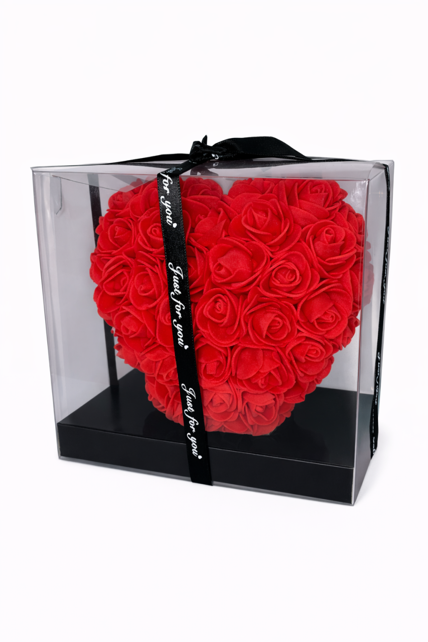 Inima din Trandafiri 15x15cm cu Flori de Spuma, in Cutie Transparenta 15cm - rosie [2]