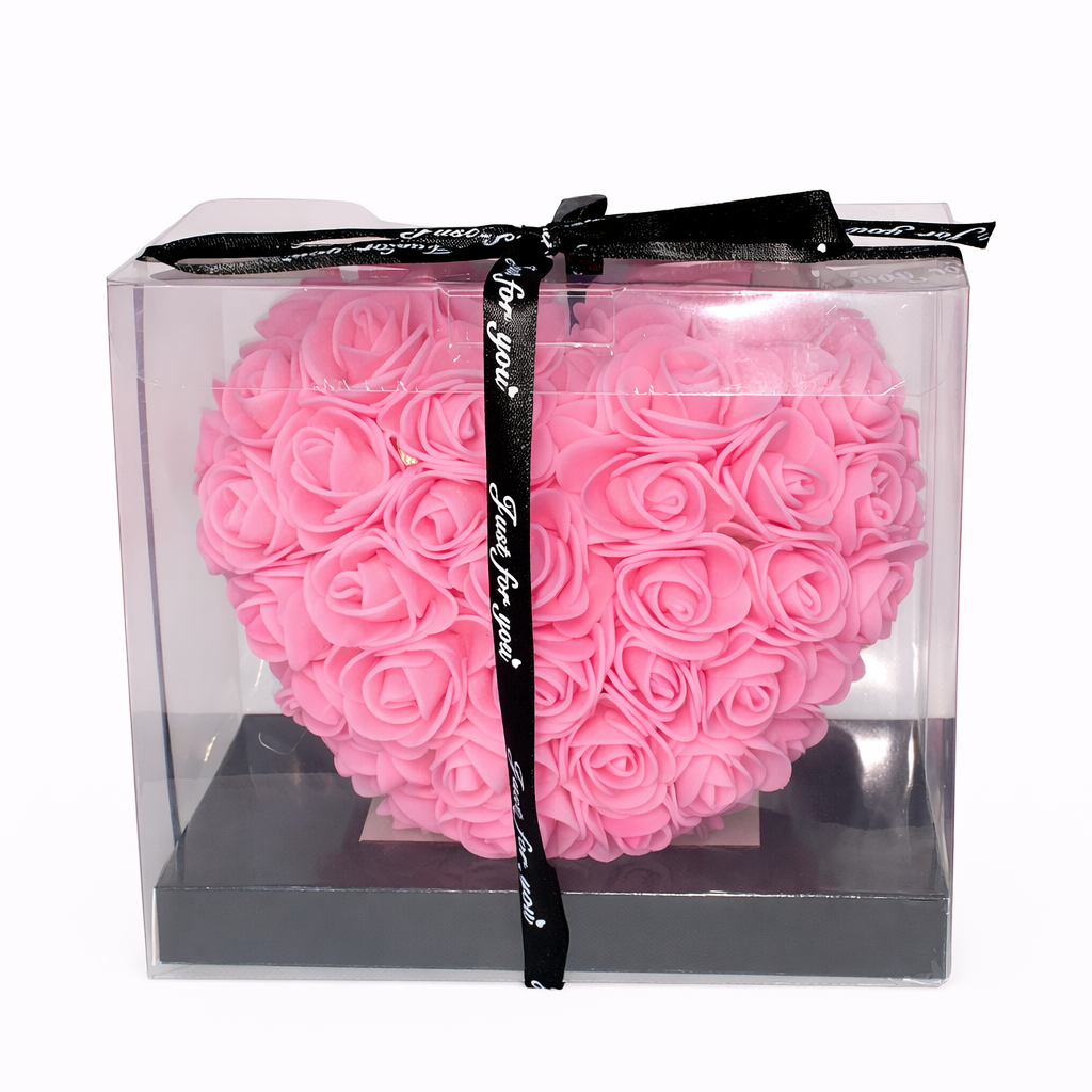 Inima din Trandafiri 15x15cm cu Flori de Spuma, in Cutie Transparenta 15cm - roz [3]