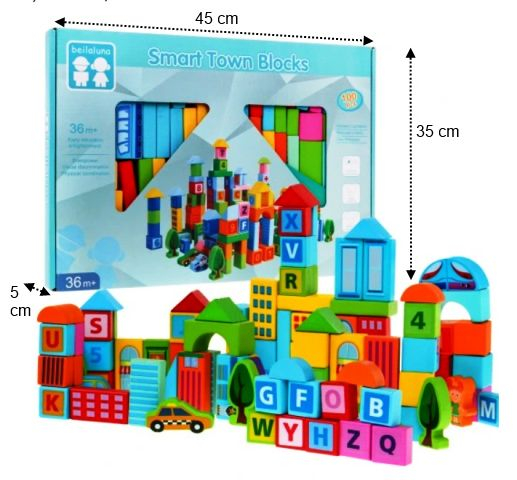 Joc de Construcție din Lemn, Cuburi Colorate cu Tematică Orășel, Set 100 Piese Educaționale [2]