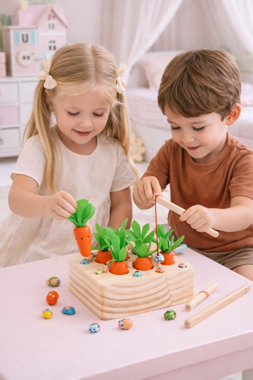 Joc educativ din lemn 2-în-1 – Sortator morcovi și pescuit magnetic, 17 piese, cu pensetă [2]