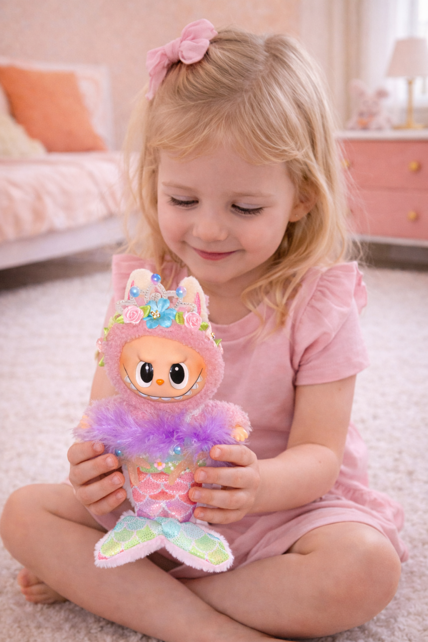 Jucarie de plus breloc premium - tip Labubu - 15 cm - imbracat in sirena - roz [2]