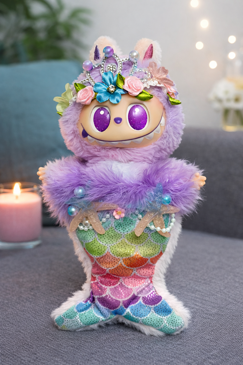 Jucarie de plus breloc premium - tip Labubu - 15 cm - imbracat in sirena - mov [3]