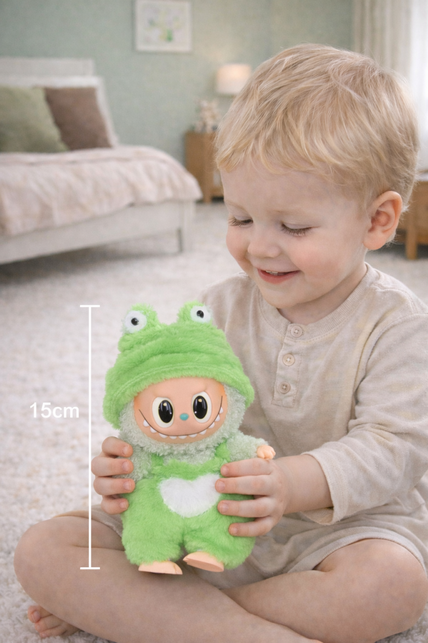 Jucarie de plus breloc - tip Labubu - 15 cm - imbracat in broscuta - verde [2]