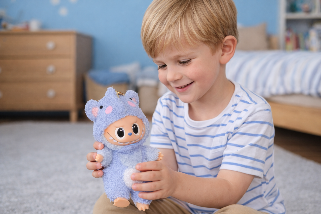 Jucarie de plus breloc - tip Labubu - 15 cm - imbracat in elefant - albastru [2]