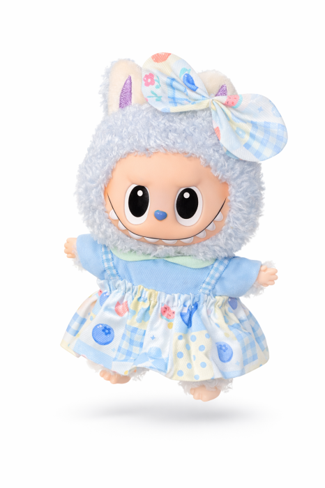 Jucarie de plus breloc - tip Labubu - 15 cm - imbracat in rochita colorata - albastru [1]