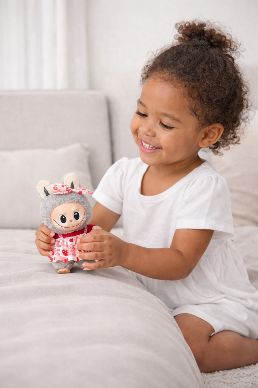 Jucarie de plus breloc - tip Labubu - 15 cm - imbracat in rochita colorata - gri [2]