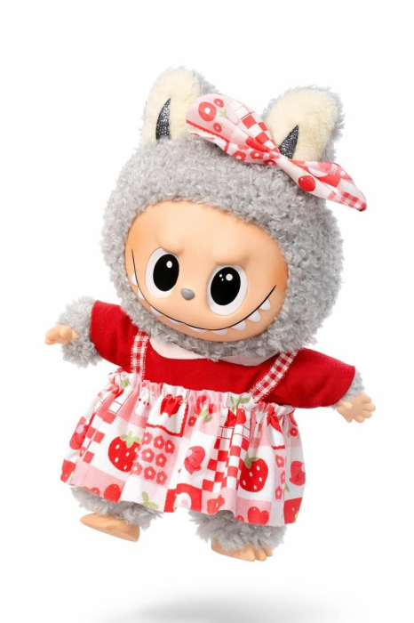 Jucarie de plus breloc - tip Labubu - 15 cm - imbracat in rochita colorata - gri [1]