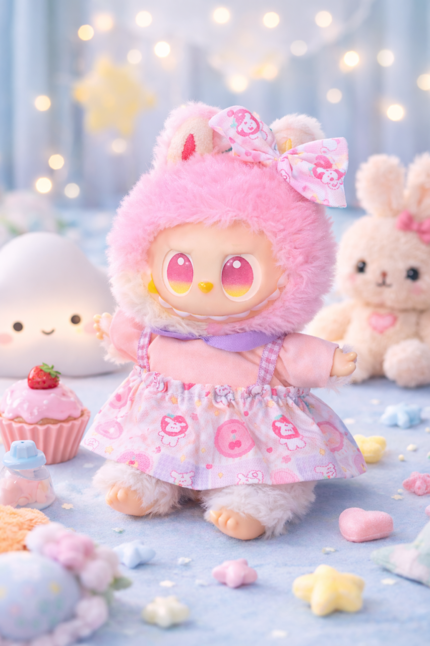 Jucarie de plus breloc - tip Labubu - 15 cm - imbracat in rochita colorata - roz [1]