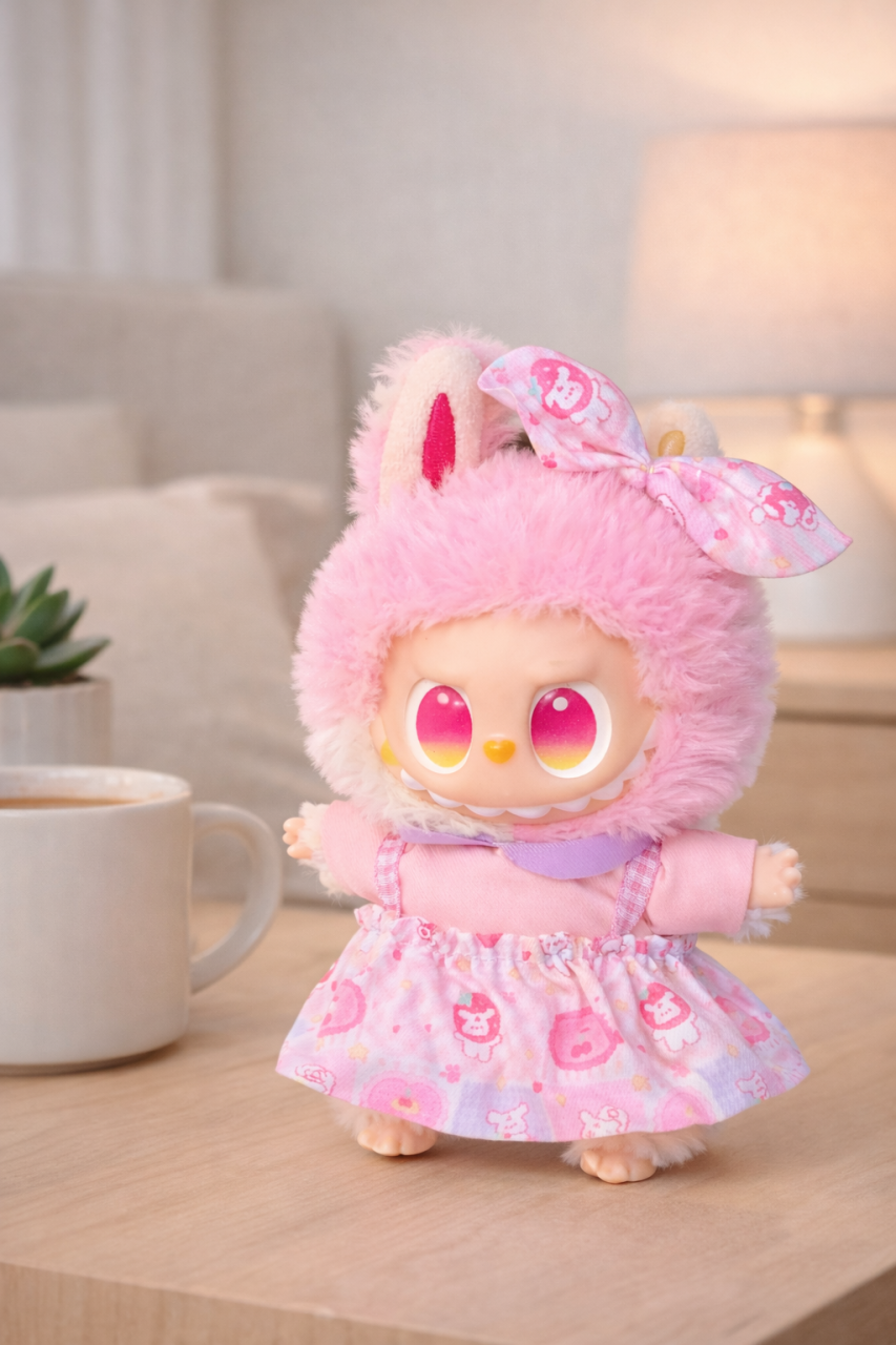 Jucarie de plus breloc - tip Labubu - 15 cm - imbracat in rochita colorata - roz [1]