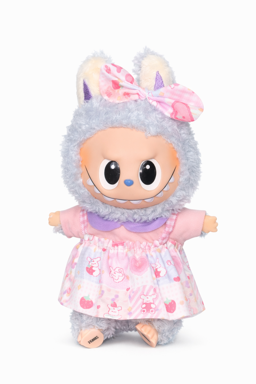 Jucarie de plus breloc - tip Labubu - 15 cm - imbracat in rochita colorata roz - albastru [1]