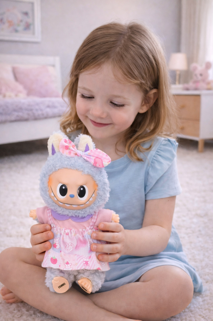 Jucarie de plus breloc - tip Labubu - 15 cm - imbracat in rochita colorata roz - albastru [2]