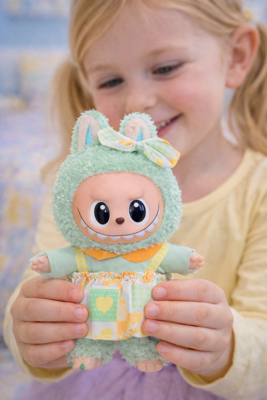 Jucarie de plus breloc - tip Labubu - 15 cm - imbracat in rochita colorata - verde [2]