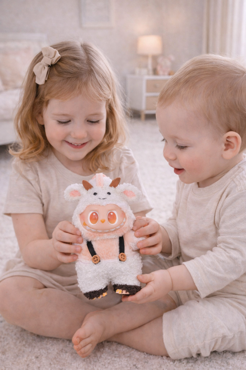 Jucarie de plus breloc - tip Labubu - 15 cm - imbracat in vacuta - portocaliu [2]