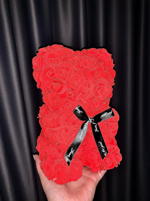 Cadou Labubu si Ursulet din Trandafiri 25cm cu Flori de Spuma, in Cutie Transparenta 30x17cm - rosu [2]