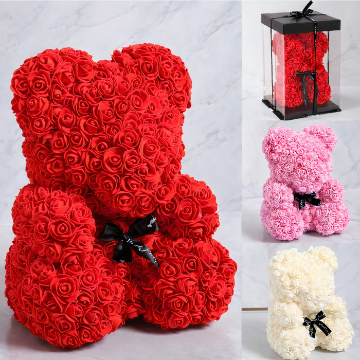 Cadou Labubu si Ursulet din Trandafiri 25cm cu Flori de Spuma, in Cutie Transparenta 30x17cm - roz [2]