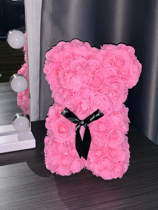 Cadou Labubu si Ursulet din Trandafiri 25cm cu Flori de Spuma, in Cutie Transparenta 30x17cm - roz [4]