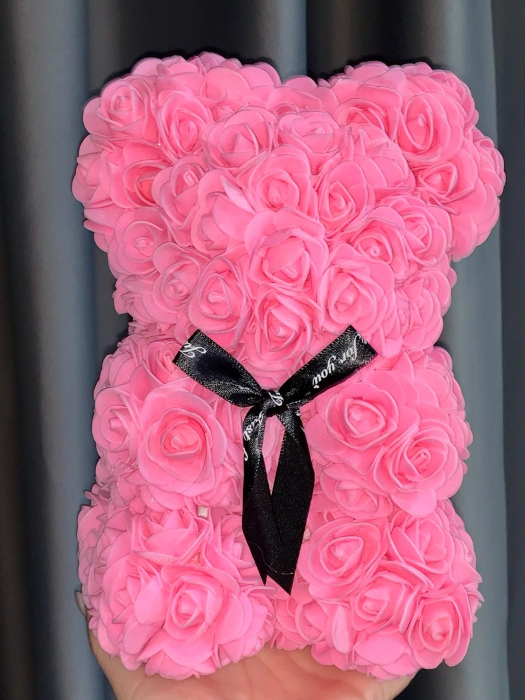 Cadou Labubu si Ursulet din Trandafiri 25cm cu Flori de Spuma, in Cutie Transparenta 30x17cm - roz [3]