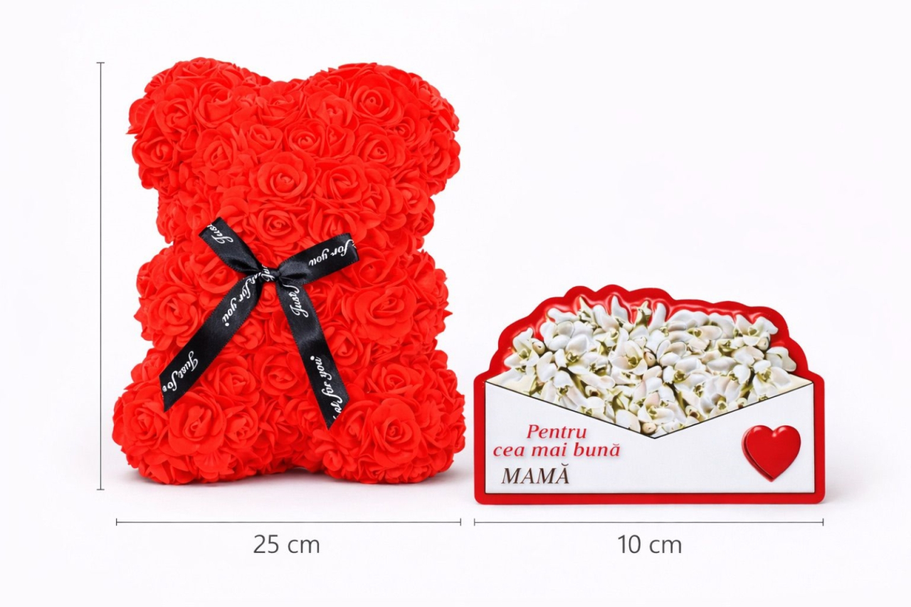Cadou 8 martie Urs din Trandafiri 25cm Flori de Spuma si magnet - rosu [2]