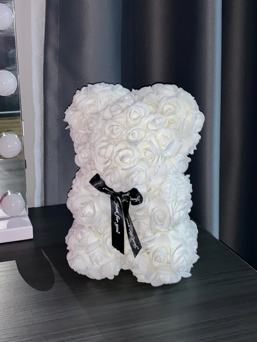 Ursulet din Trandafiri 25cm cu Flori de Spuma, in Cutie Transparenta 30x17cm - alb [3]