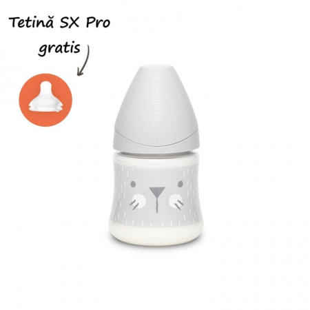 Suzete, biberoane si accesorii - Biberon 150 ml cu tetină rotundă din silicon, debit lent, pisică gri Hygge Suavinex