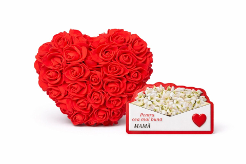Cadouri & Giftables - Cadou 8 martie Inima din Trandafiri 15x15cm Flori de Spuma si magnet