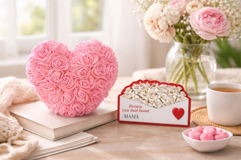 Cadouri & Giftables - Cadou 8 martie Inima din Trandafiri 15x15cm Flori de Spuma si magnet