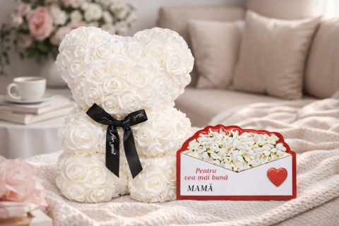 Cadouri & Giftables - Cadou 8 martie Urs din Trandafiri 25cm Flori de Spuma si magnet - alb