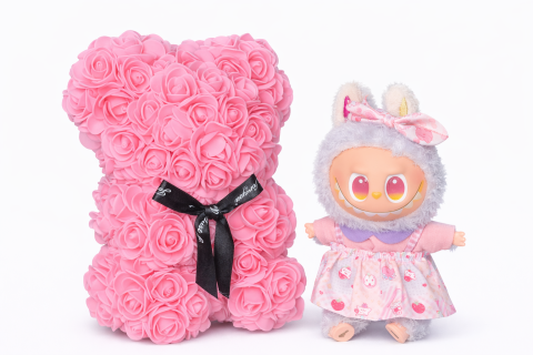 Cadouri & Giftables - Cadou Labubu si Ursulet din Trandafiri 25cm cu Flori de Spuma, in Cutie Transparenta 30x17cm - roz