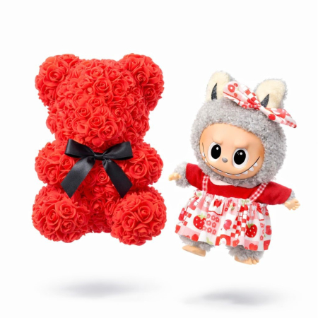 Cadouri & Giftables - Cadou Labubu si Ursulet din Trandafiri 25cm cu Flori de Spuma, in Cutie Transparenta 30x17cm - rosu