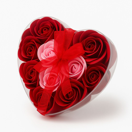 Cadouri & Giftables - Cutie Inima cu 18 Trandafiri din Sapun Rosu-Roz, Aranjament Luxury Cadou 15x15 cm