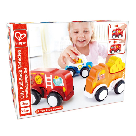 Jucării din lemn - HAPE SET 3 MASINUTE CU MOTOR PULL-BACK