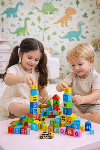 Jucarii educative - Joc de Construcție din Lemn, Cuburi Colorate cu Tematică Orășel, Set 100 Piese Educaționale