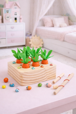 Jucarii educative - Joc educativ din lemn 2-în-1 – Sortator morcovi și pescuit magnetic, 17 piese, cu pensetă