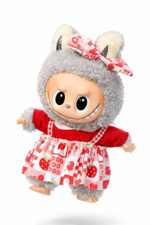 Jucarii de plus - Jucarie de plus breloc - tip Labubu - 15 cm - imbracat in rochita colorata - gri