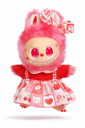 Jucarii de plus - Jucarie de plus breloc - tip Labubu - 15 cm - imbracat in rochita colorata - roz inchis