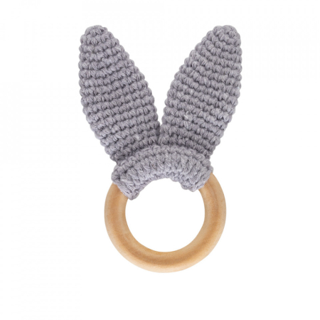 Îngrijire & Bebe - Jucarie dentitie din bumbac cu inel din lemn BabyJem Amigurumi (Culoare: Gri)