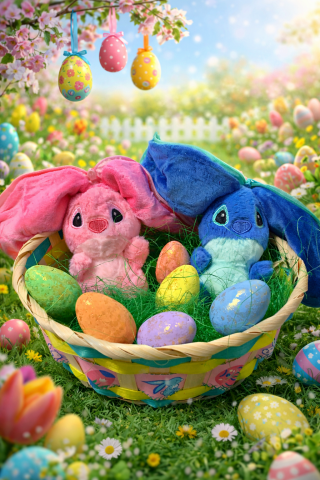 Jucarii de plus - Două jucării de pluș Stitch în coș cu ouă -  Jucărie de Colecție – Ediția Specială de Paști