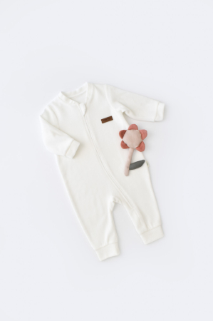 Hăinuțe - Salopeta cu maneca lunga si fermoar din 80%bumbac organic si 20% poliester - Ecru, BabyCosy (Marime: 12-18 Luni)