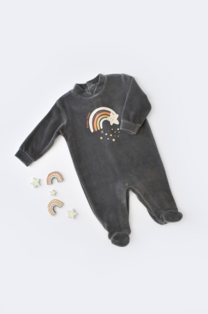 Hainute - Salopeta Curcubeu cu maneca lunga si botosei din 80%bumbac organic si 20% poliester - Antracit, BabyCosy (Marime: 0-3 Luni)