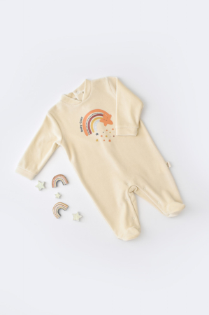 Hainute - Salopeta Curcubeu cu maneca lunga si botosei din 80%bumbac organic si 20% poliester - Crem, BabyCosy (Marime: 6-9 luni)
