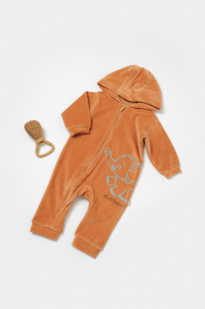 Hăinuțe - Salopeta Elefant cu maneca lunga si gluga din 80%bumbac organic si 20% poliester - Caramiziu, BabyCosy (Marime: 12-18 Luni)